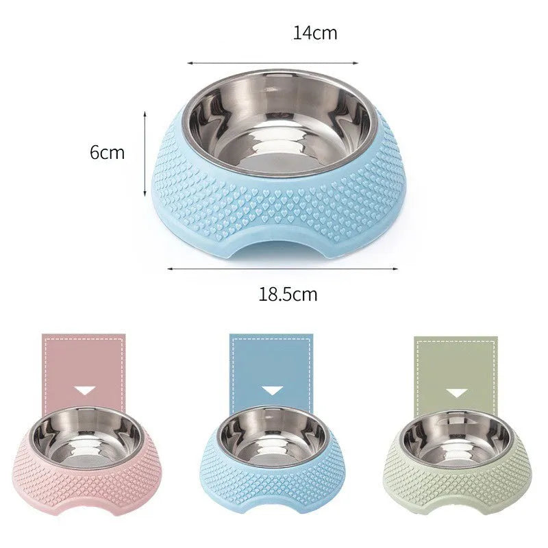 Blue stainless steel pet feeder with four bowls and a non-slip rubber base on a wooden floor.