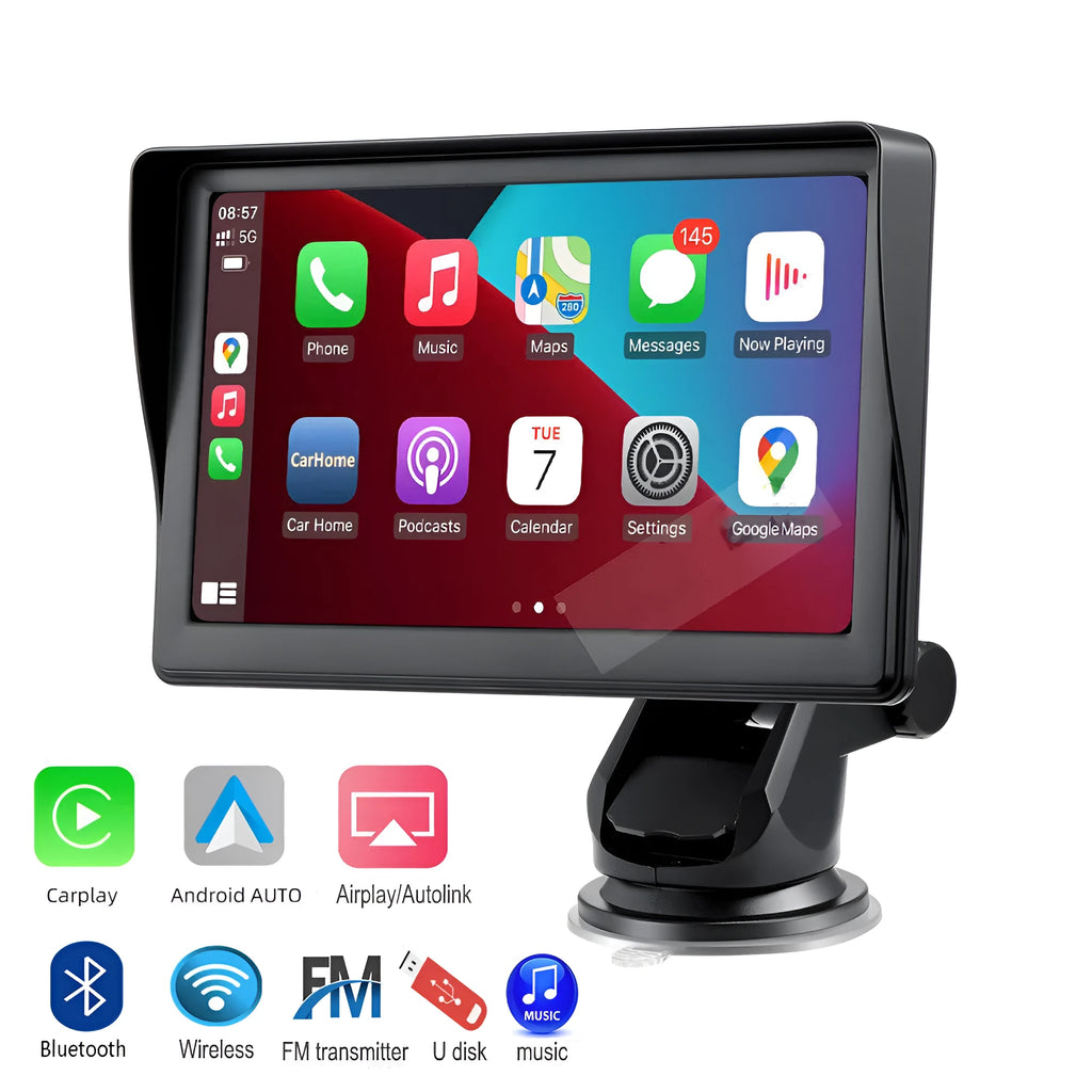 7 inch portable car smart screen with wireless Carplay on windshield mount