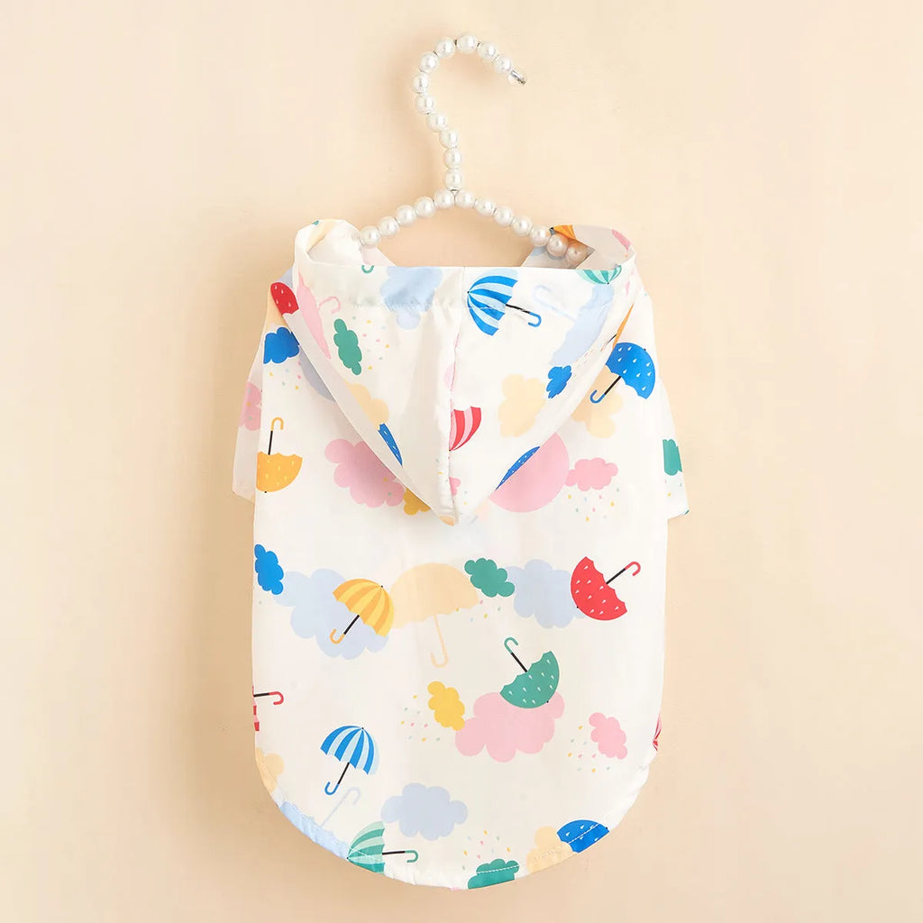 Colourful cartoon umbrella pattern dog raincoat on model dog