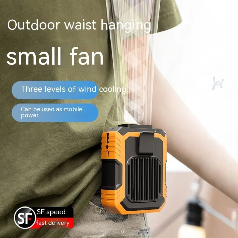 Green wrist hanging portable fan with LED light and USB charging port, showing its compact design.