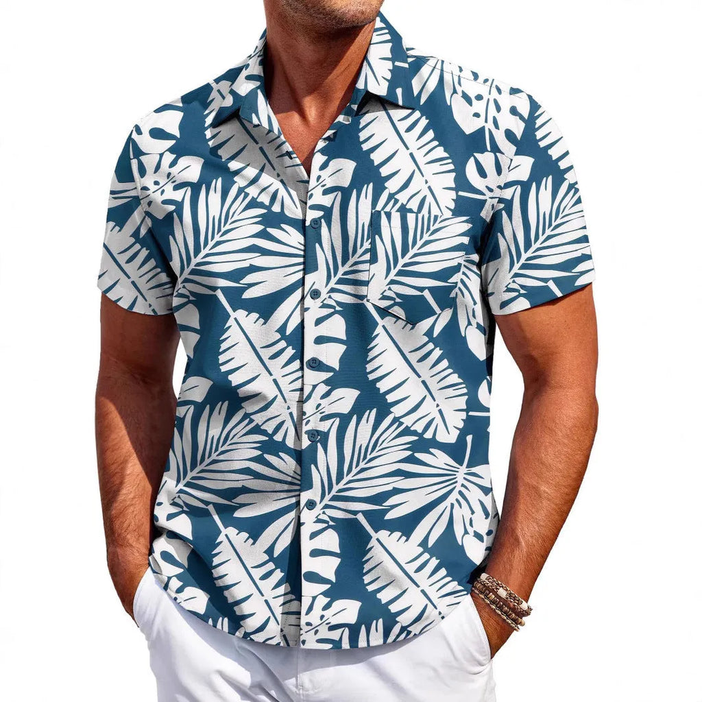 Men's slim fit Hawaiian short sleeve shirt in a cardigan style, made from four-sided elastic polyester fabric.