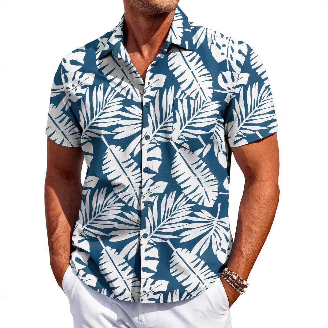 Men's slim fit Hawaiian short sleeve shirt in a cardigan style, made from four-sided elastic polyester fabric.