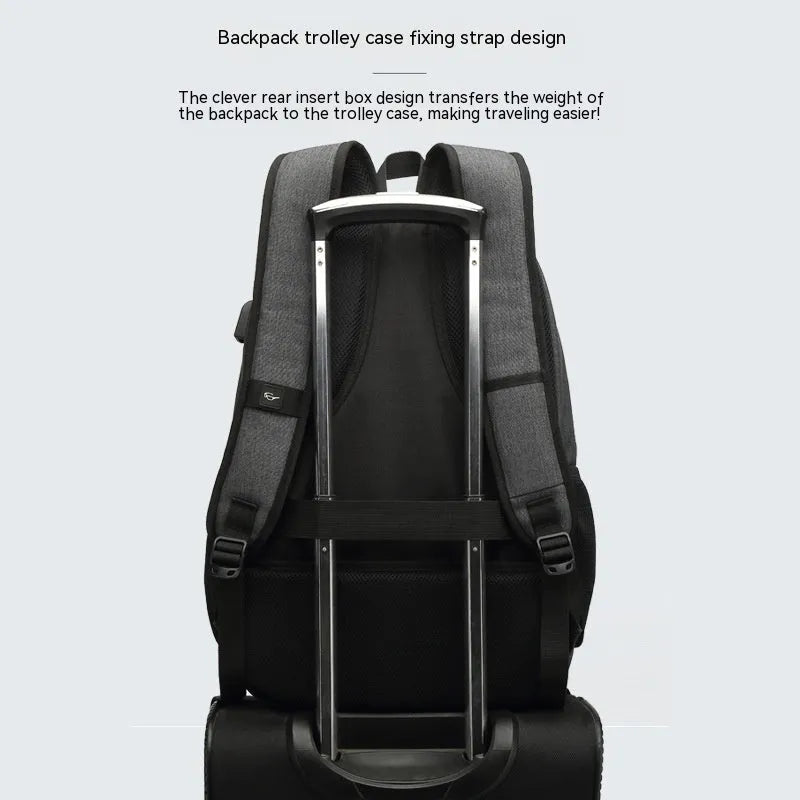 Grey lightweight nylon backpack with USB charging port and trolley case sleeve on back