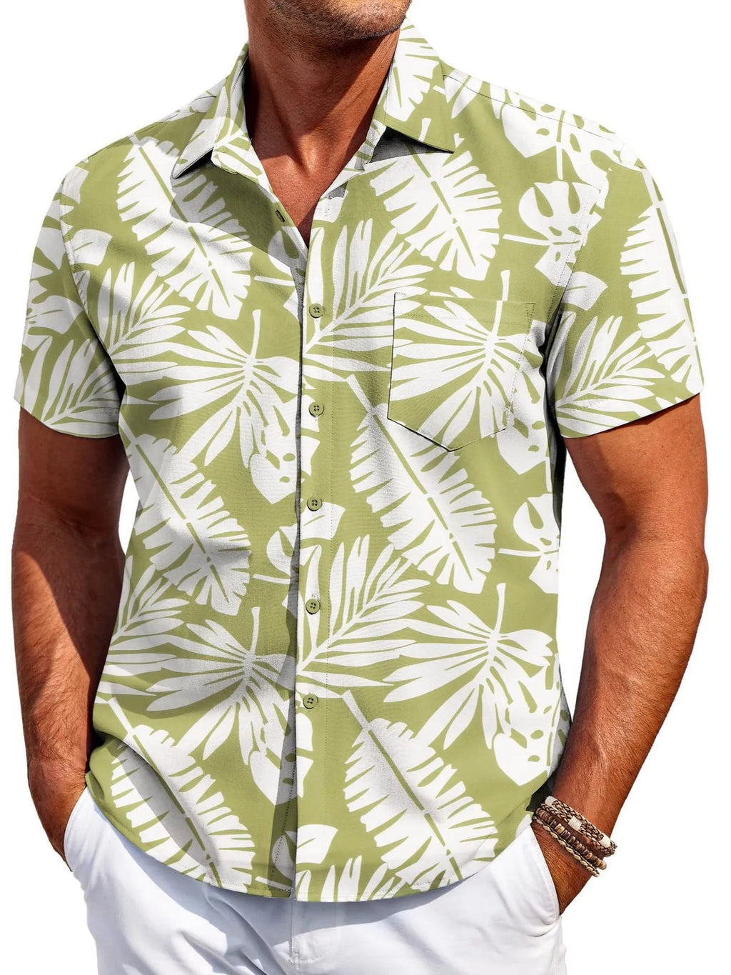 Men's slim fit Hawaiian short sleeve shirt in a cardigan style, made from four-sided elastic polyester fabric.