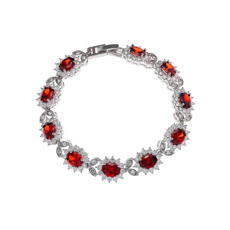 Women's simple zircon bracelet with coloured gemstone settings on electroplated environmentally friendly alloy