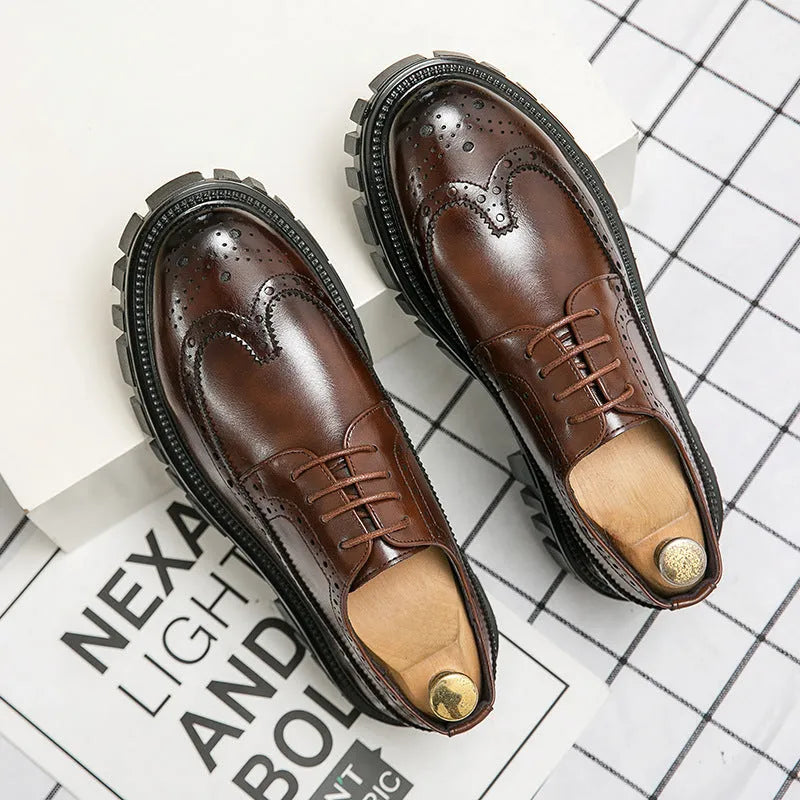 Men's black and brown business brogue shoes with round toe and artificial PU upper for office wear