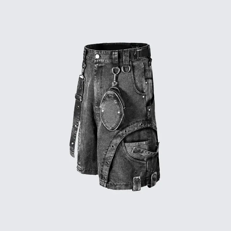 Loose fit high waist denim shorts in a pictured colour on a hanger.