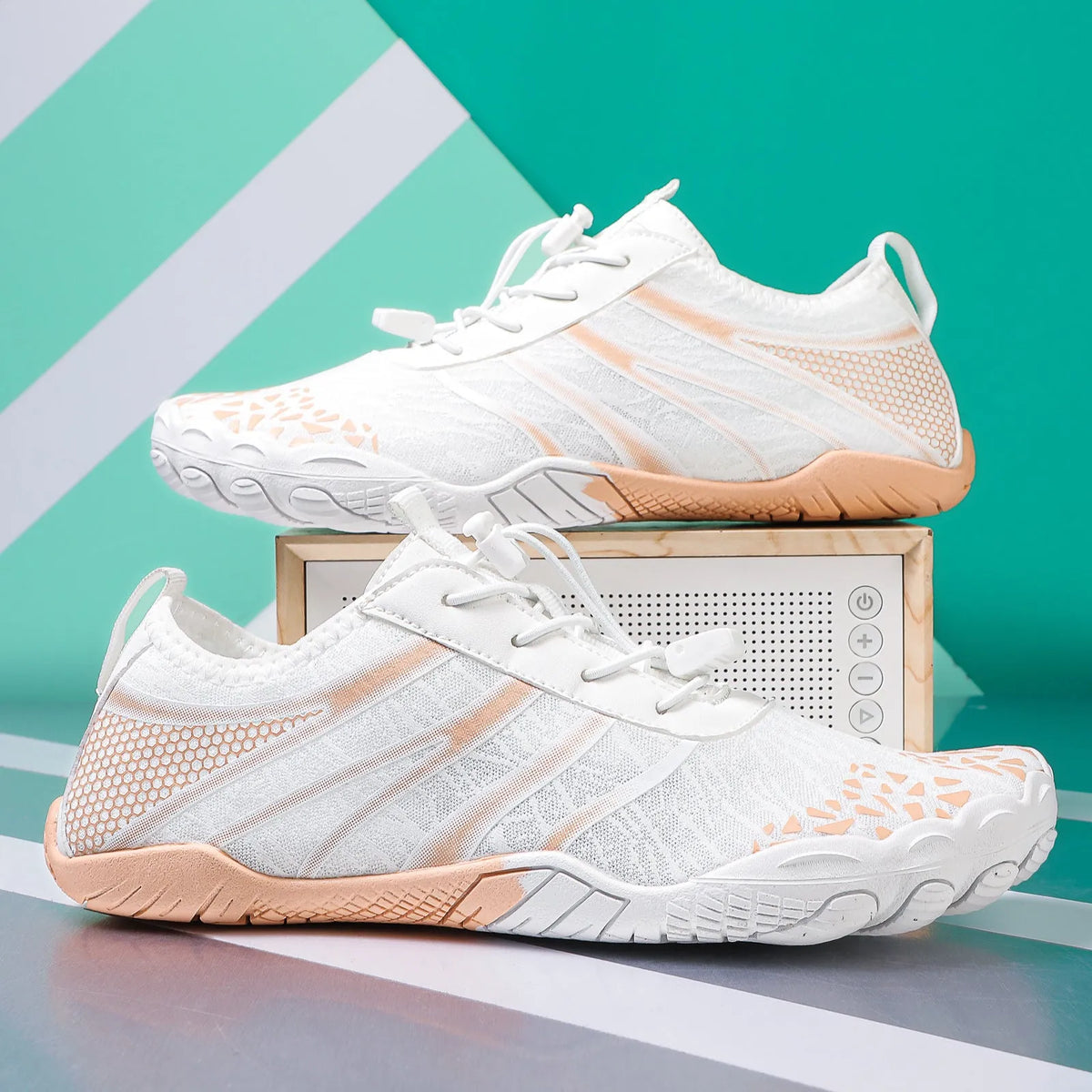 Beach running shoes in stretch Lycra fabric, shown in beige colour.
