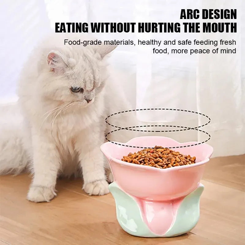 Blue ceramic pet bowl with floral pattern and elevated non-slip design for cats and small dogs