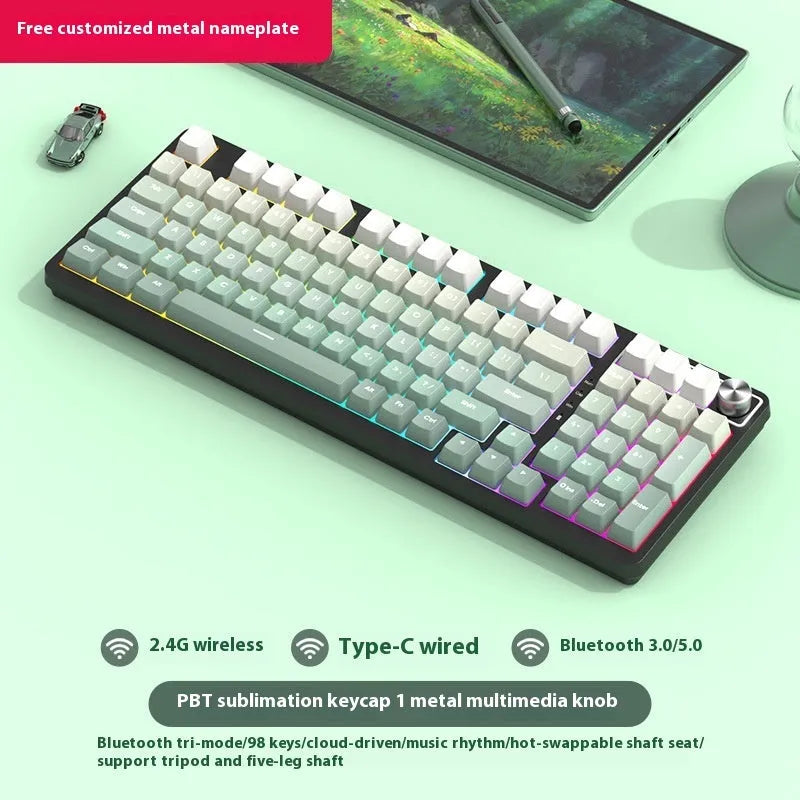 White screen version 98-key wireless mechanical keyboard kit with metal knob on desk