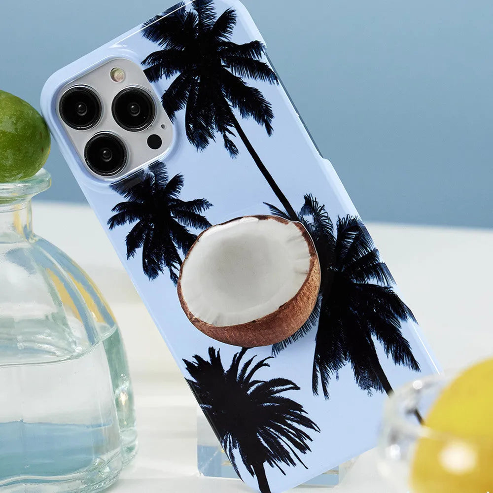iPhone protective case with a summer coconut design pattern, showing front and back views.