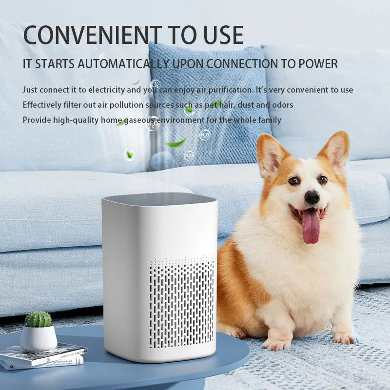 Simple style desktop air purifier with USB power cable for small rooms.