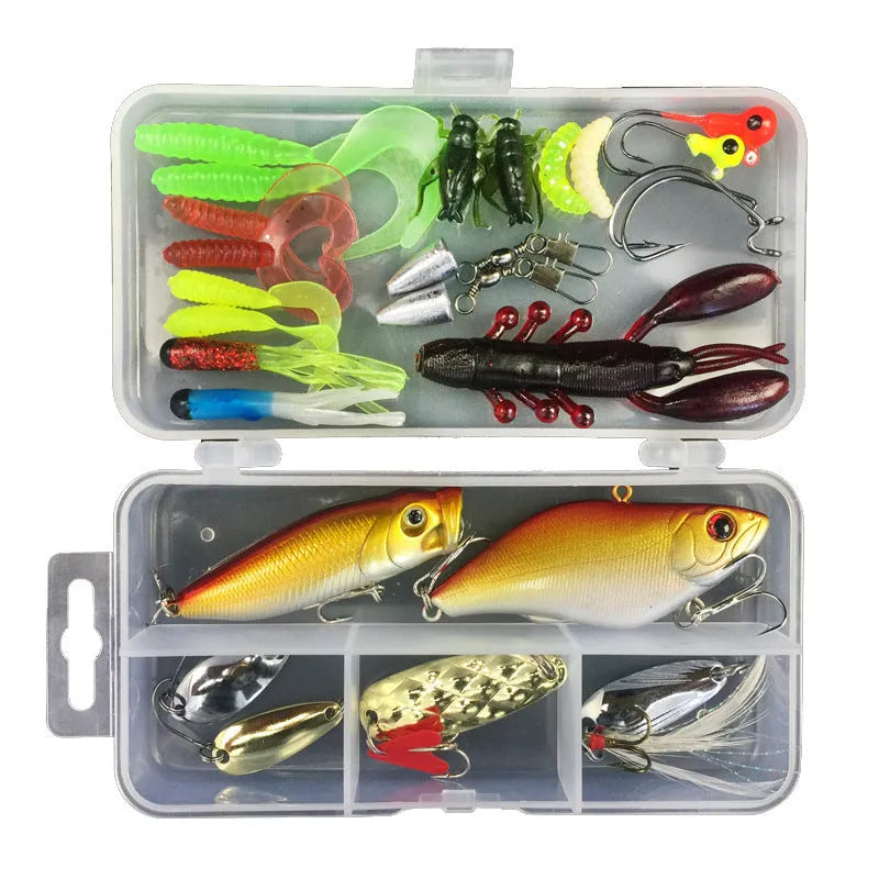Junior fishing lure suit set in PP plastic box with multiple pack size options for entry-level anglers