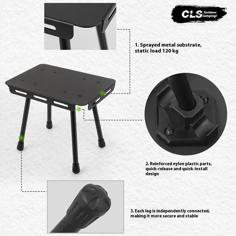 CLS Outdoor aluminium dual-use folding camping stool shown in table and stool mode with beige cushion.