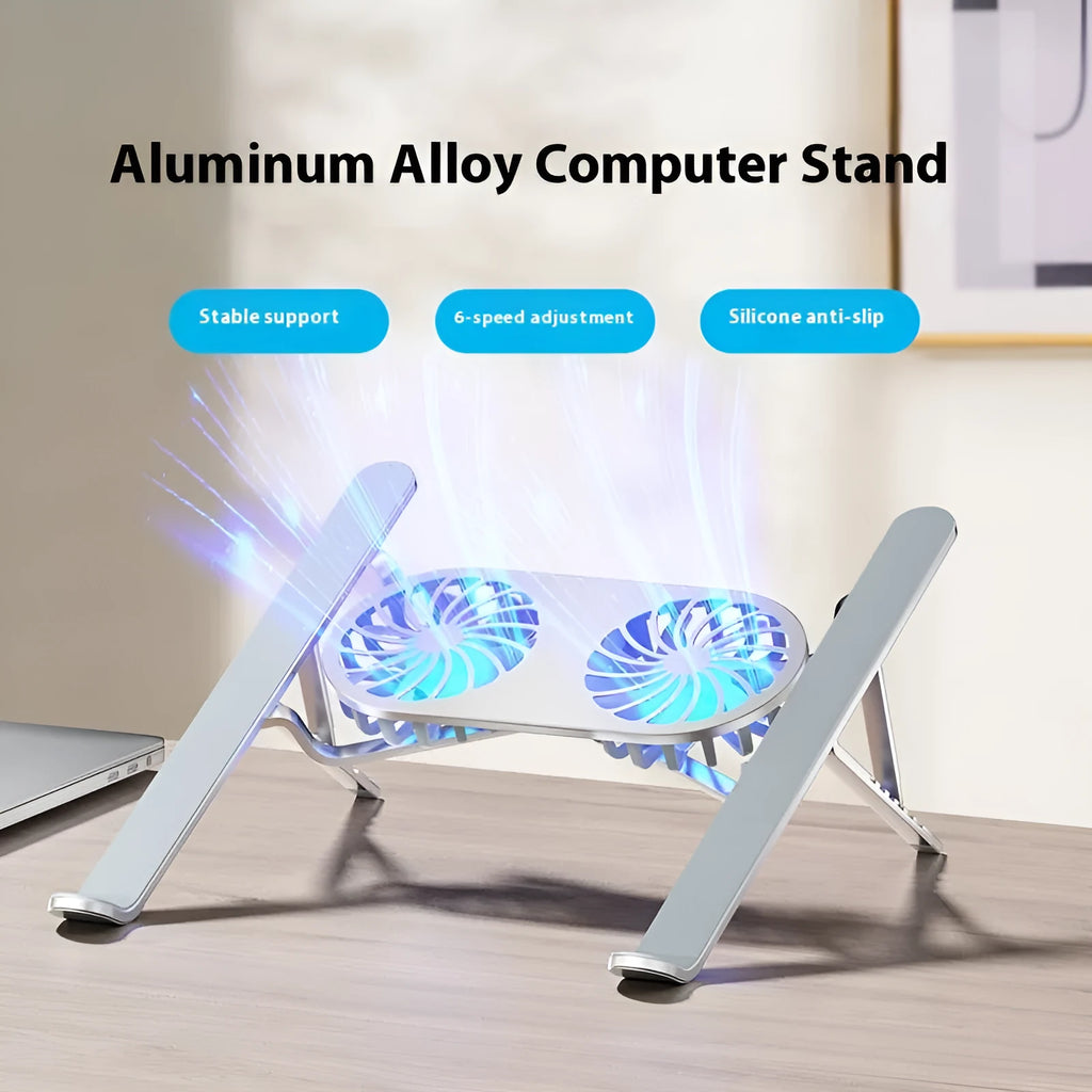 Silver aluminium alloy portable laptop cooling stand with twin fans and adjustable height in folded position