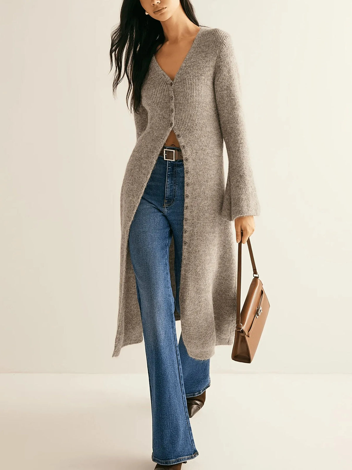 Khaki coloured French-style retro cardigan coat with button front and long sleeves.