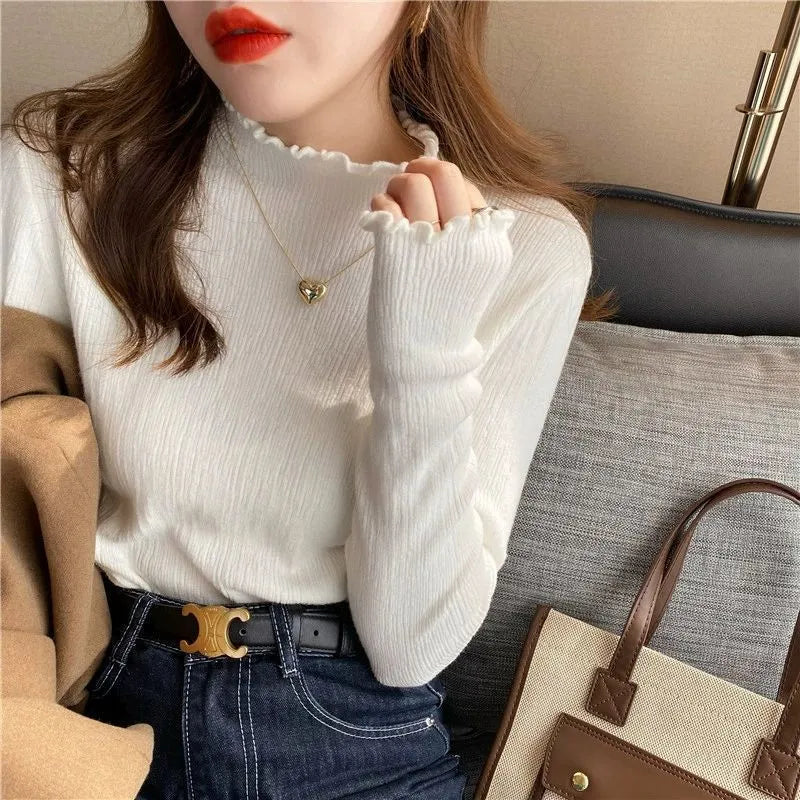 Women's half turtleneck bottoming shirt with princess sleeves, 100% polyester, in apricot, black, blue, brown, pink, sunset yellow, or white.
