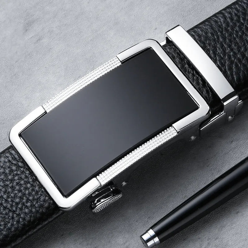Men's automatic buckle leather belt showing comfort click fastening mechanism and electroplated surface