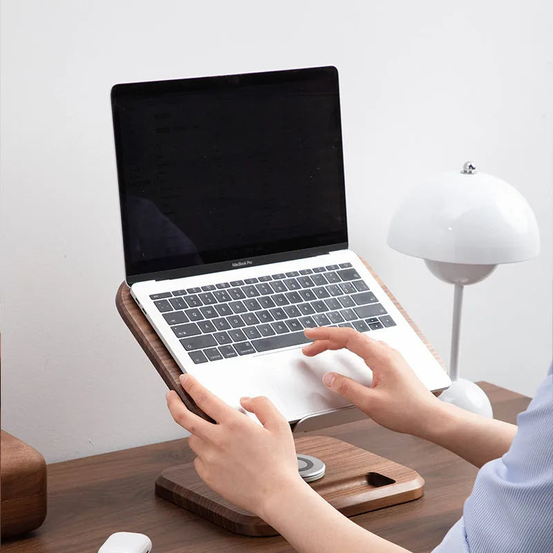 Solid walnut wood adjustable reading rack with rotating mechanism holding book and tablet