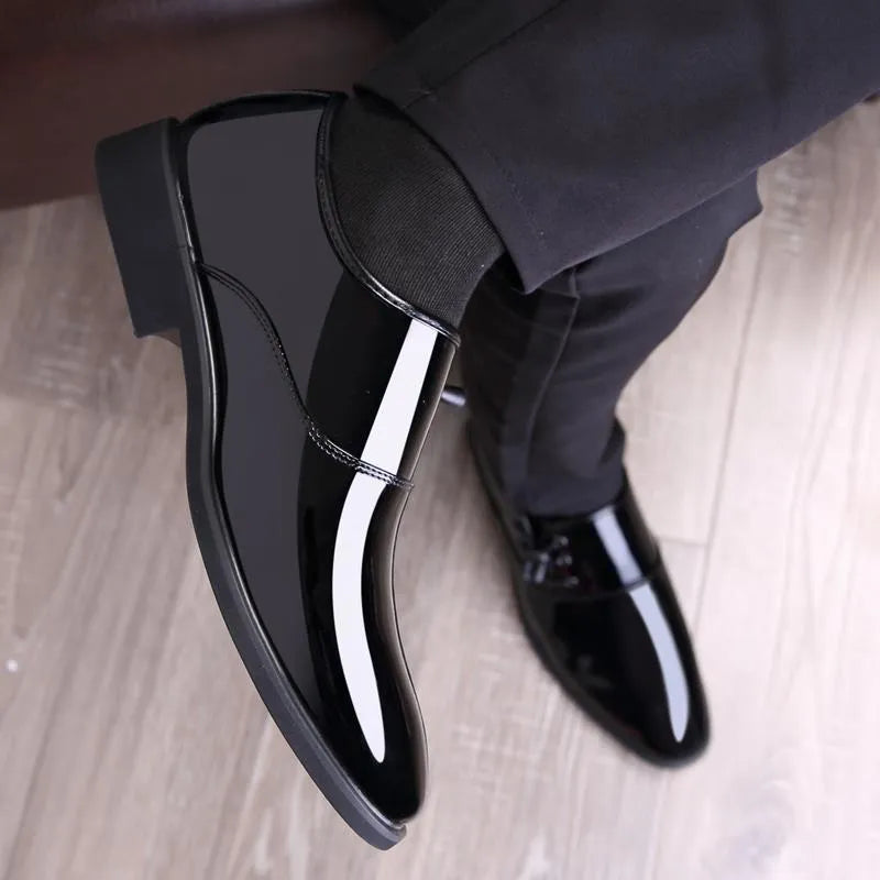 Men's black and brown business formal shoes with a square rubber heel and round toe.