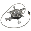 Silver portable split camping stove with stainless steel body and a long black hose, shown folded.