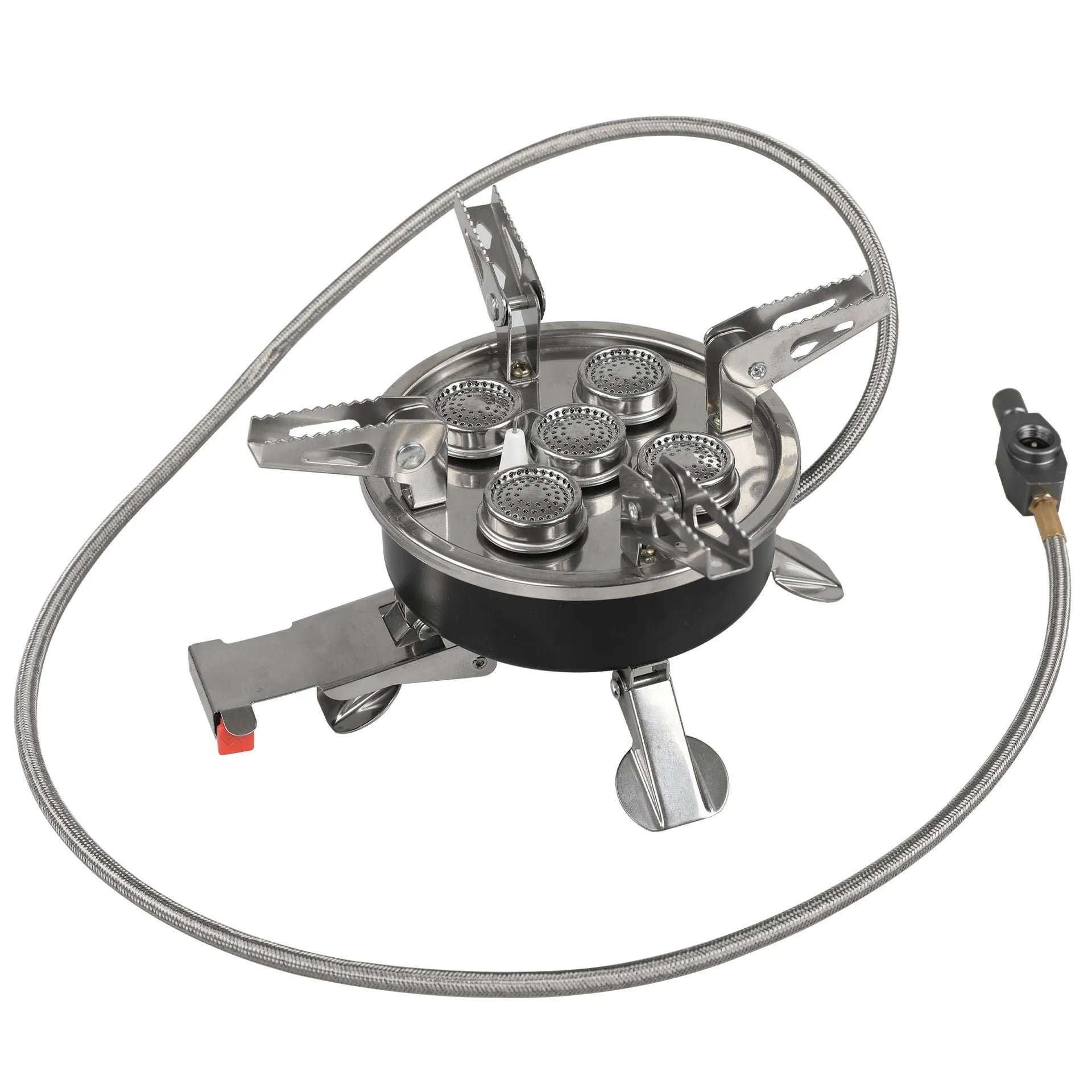Silver portable split camping stove with stainless steel body and a long black hose, shown folded.