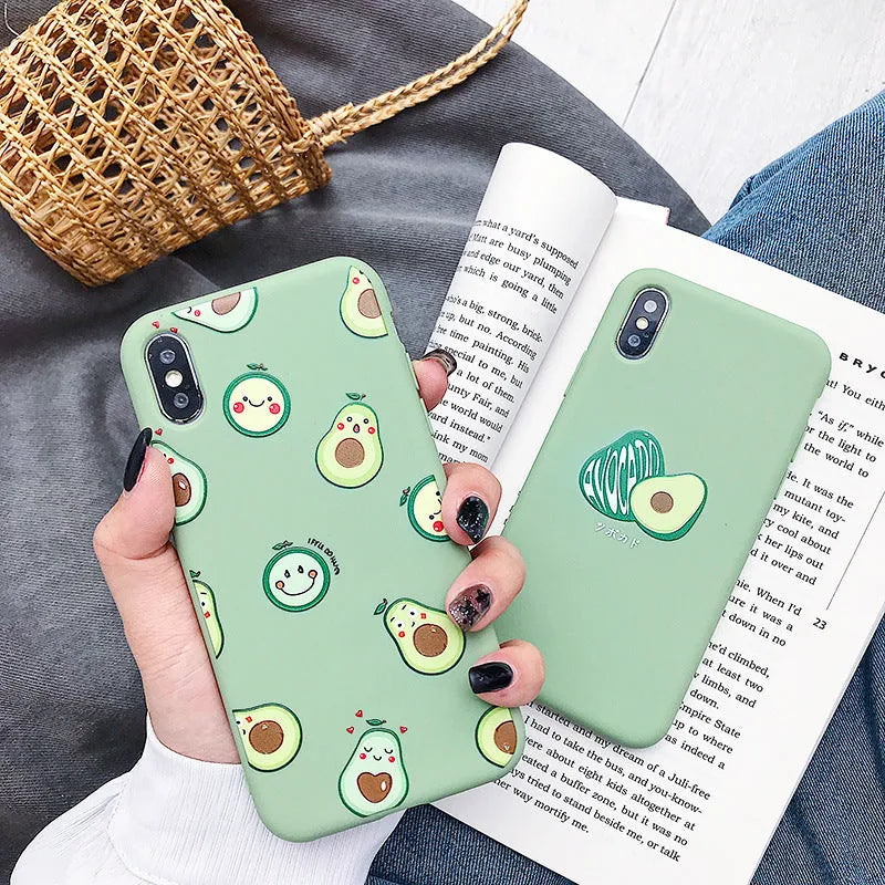Green cartoon avocado design on a soft TPU phone case for Apple iPhone.
