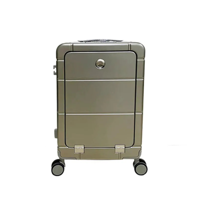Front opening 20-inch suitcase showing dry wet separation compartments and universal wheels
