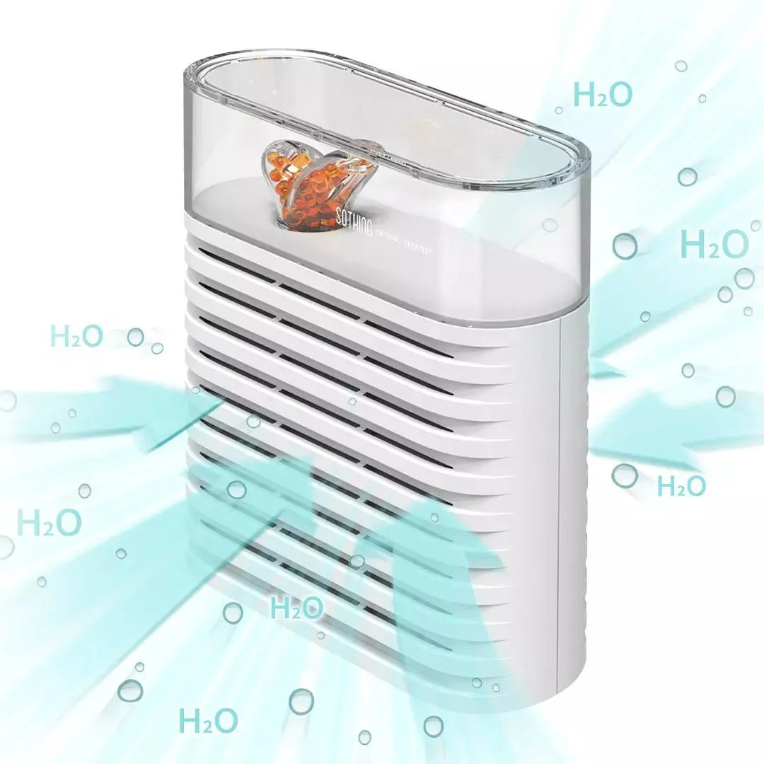 White reusable electric dehumidifier box with transparent leafy-design top and colour-change crystals.