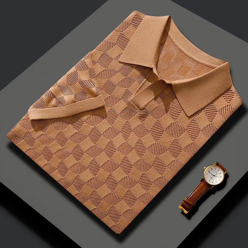 Men's short sleeve mulberry silk sweater with lapel in a solid colour