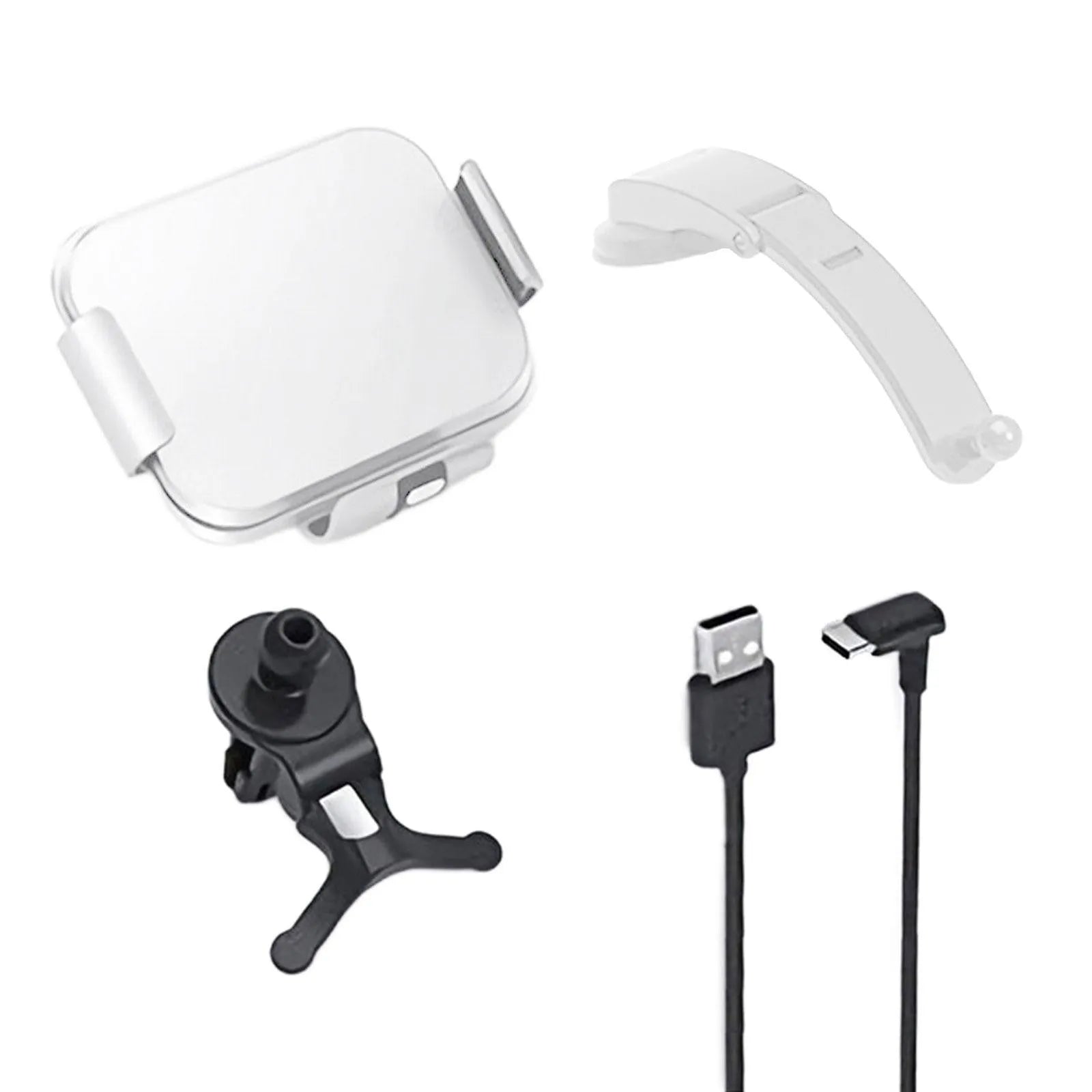 Grey wireless charging car phone holder with folding screen, showing air-con clip and suction cup mount options.