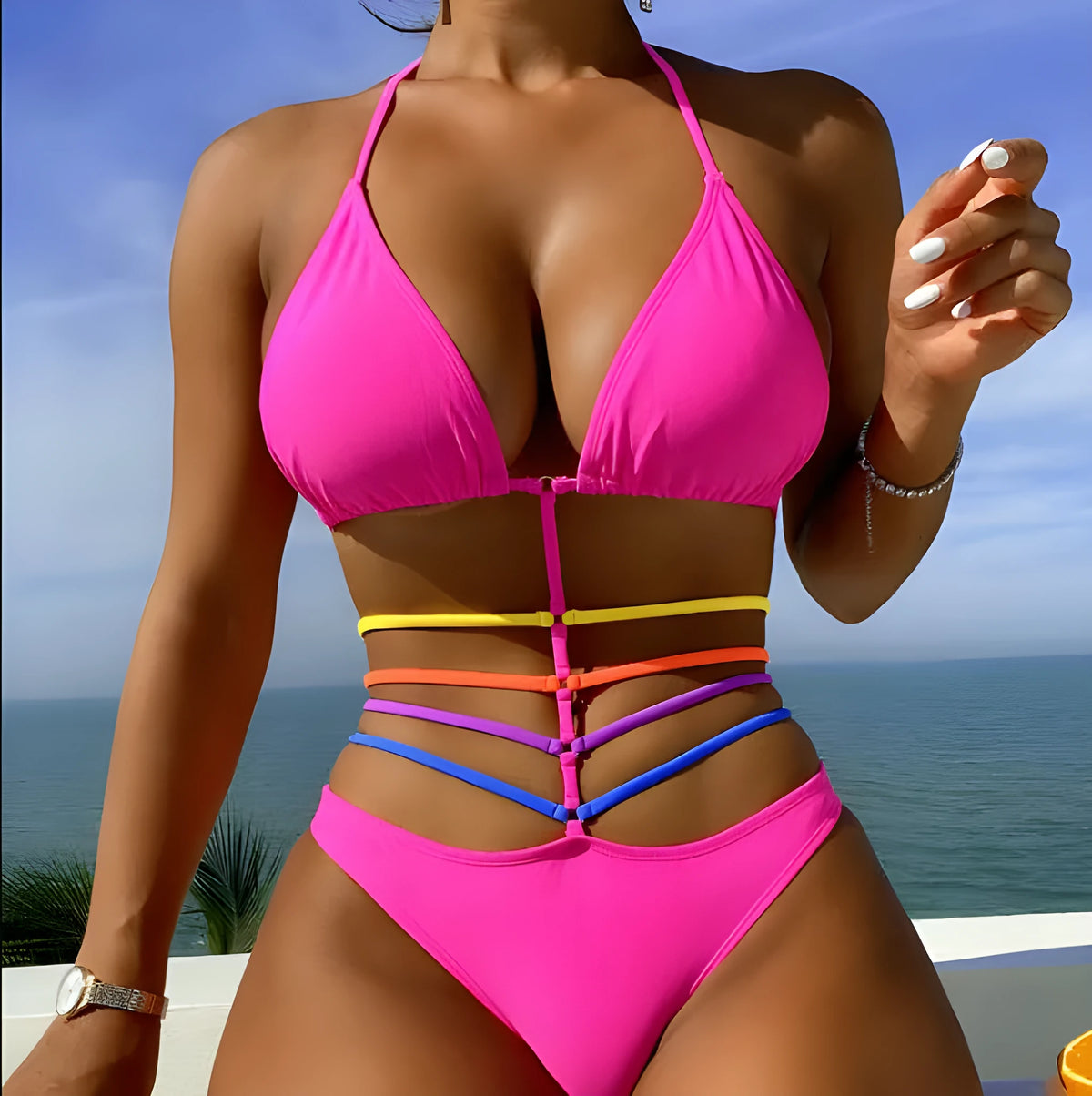 Rose red women's bikini bottoms with built-in support cups for swimming