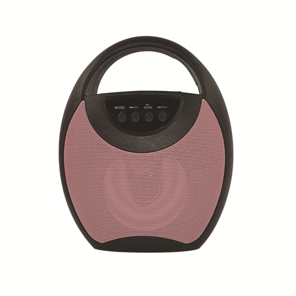Portable Bluetooth speaker in black, blue, or pink with USB and SD card slots
