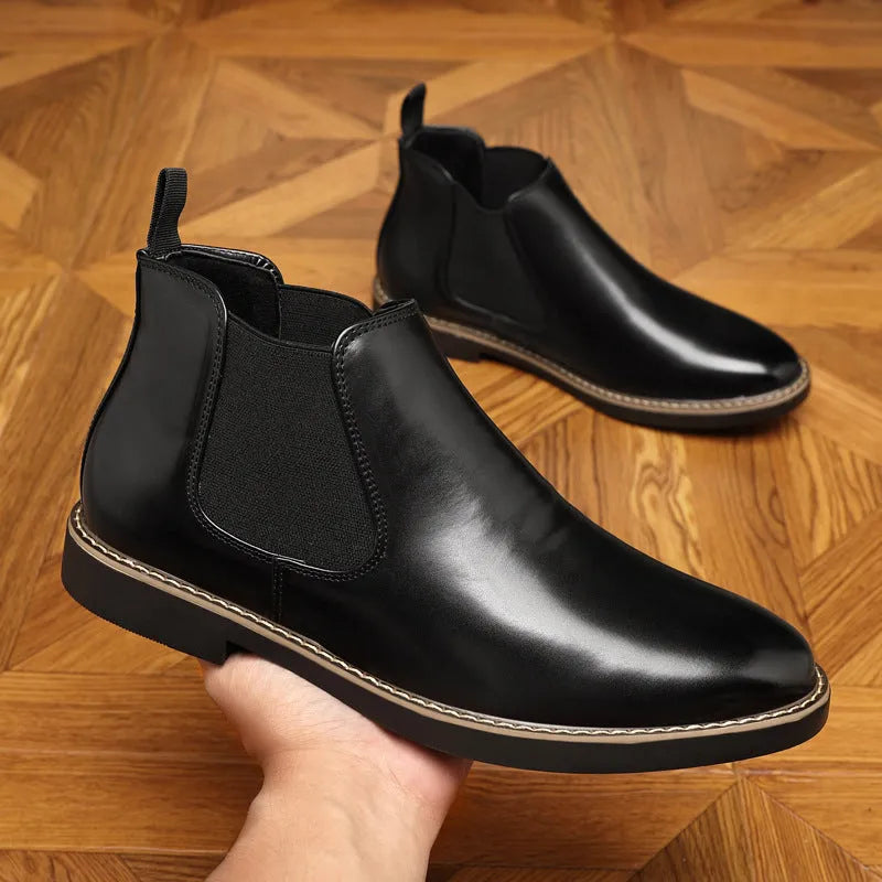 Men's black and brown formal pointed-toe leather boots with a square heel and rubber sole.