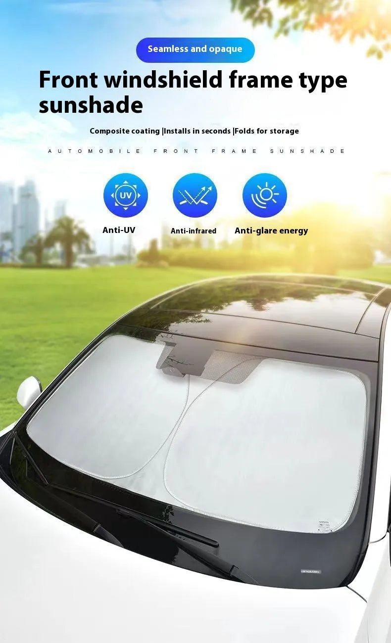 Aluminium foil car sunshade with silver reflective surface for windscreen heat protection