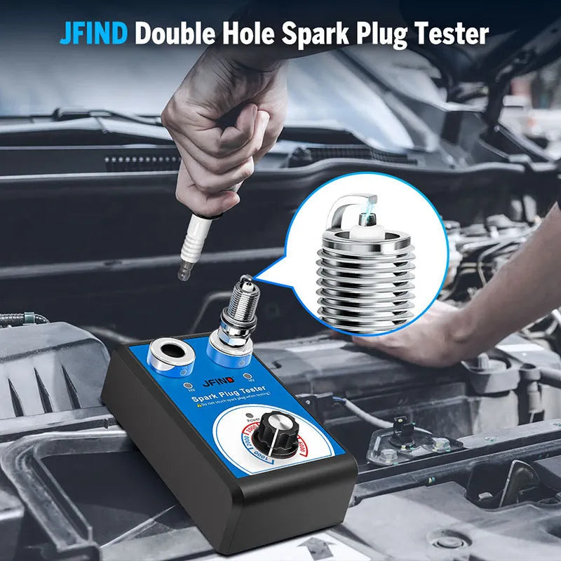 Car fault detector with double hole plug connection for spark plug testing