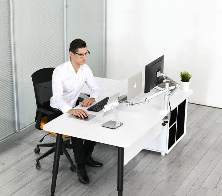 Foldable aluminium desktop phone and tablet holder in silver showing 360-degree rotation