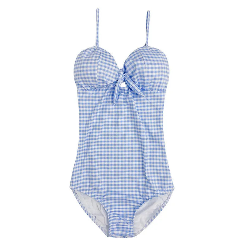 Women's blue and white plaid one-piece swimsuit in nylon fabric for swimming activities