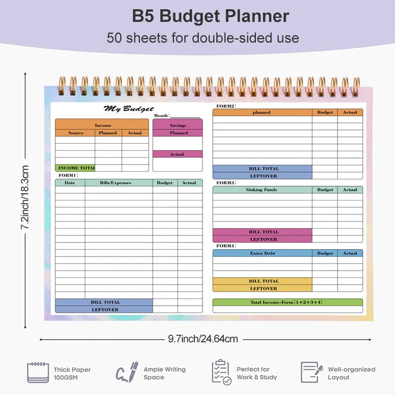 B5 size budget tally notebook with spiral binding and PP cover for income expenditure tracking