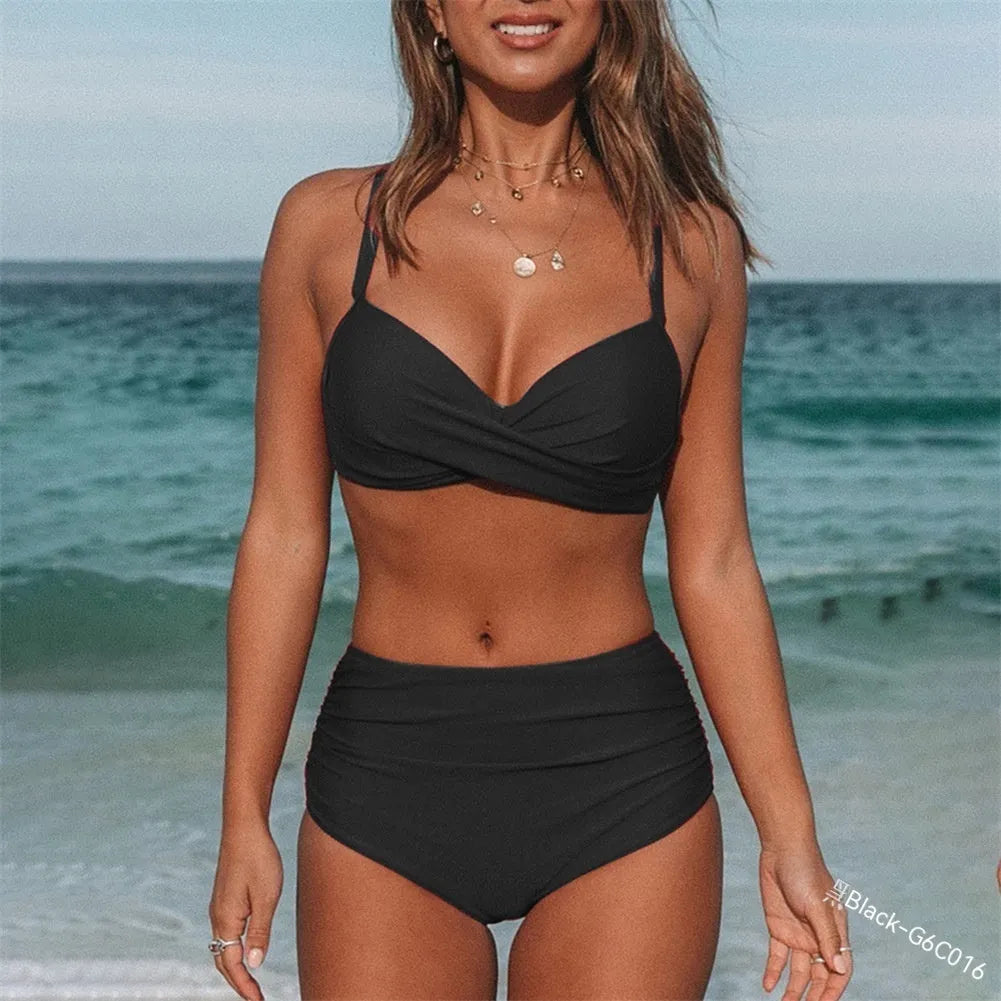 Women's solid colour cross strap bikini swimsuit in multiple colour options