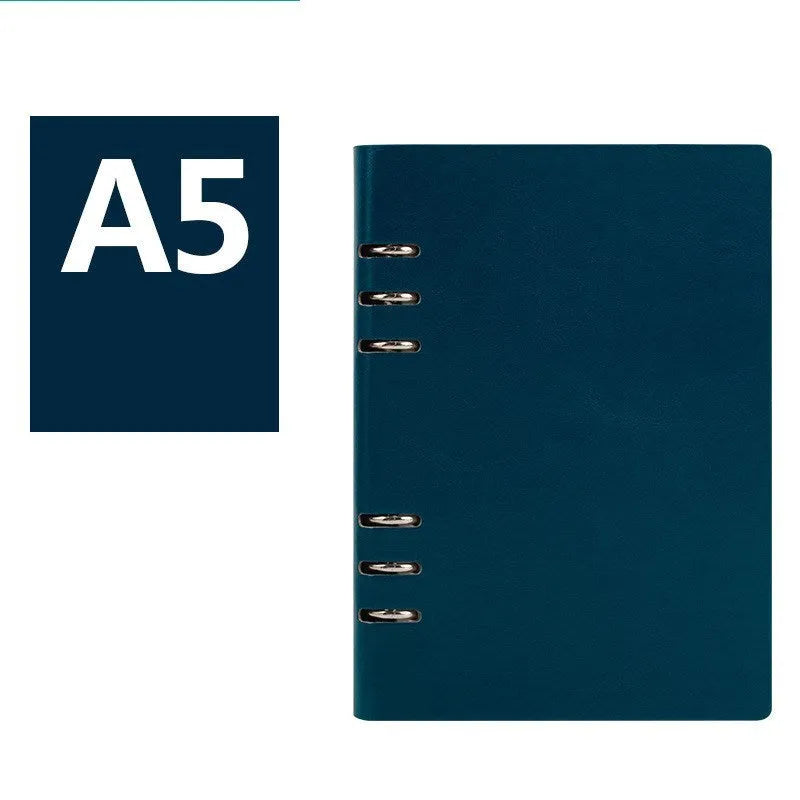 Loose-leaf business notebook in seaweed green imitation leather cover showing A5 size with beige paper