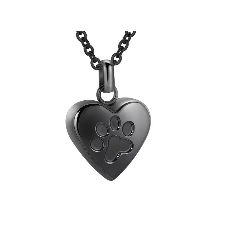 Titanium steel heart pendant necklace with paw print design and openable cinerary casket