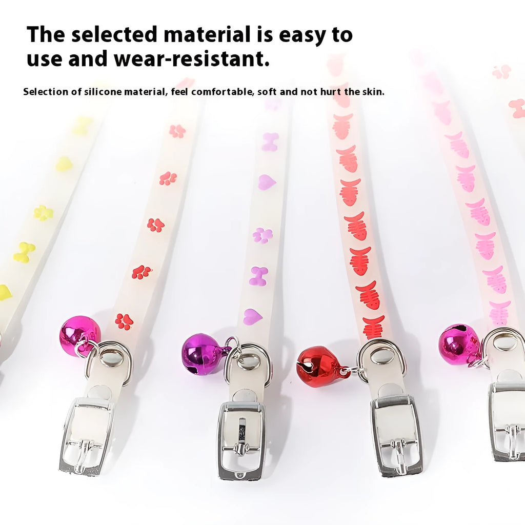 Luminous cat collar with adjustable 29cm silicone strap and metal bell in glow pattern design