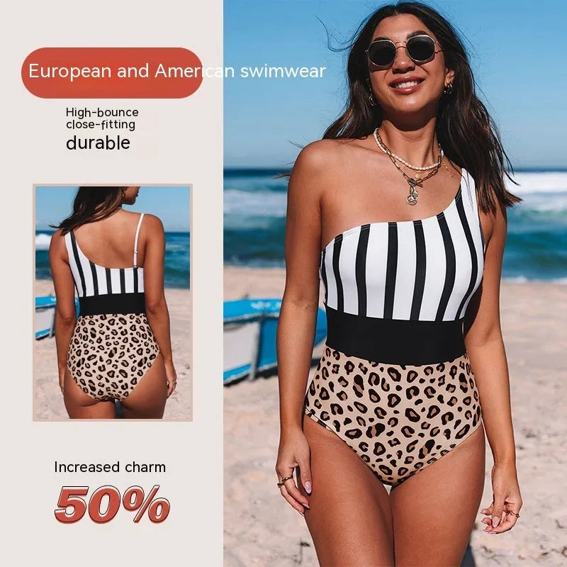 Leopard print women's one-piece swimsuit with asymmetric collar and high waist triangle briefs
