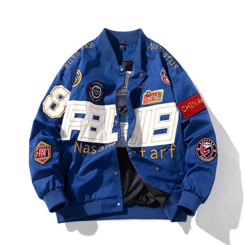 American motorcycle baseball uniform jacket in loose fit with detachable hood option
