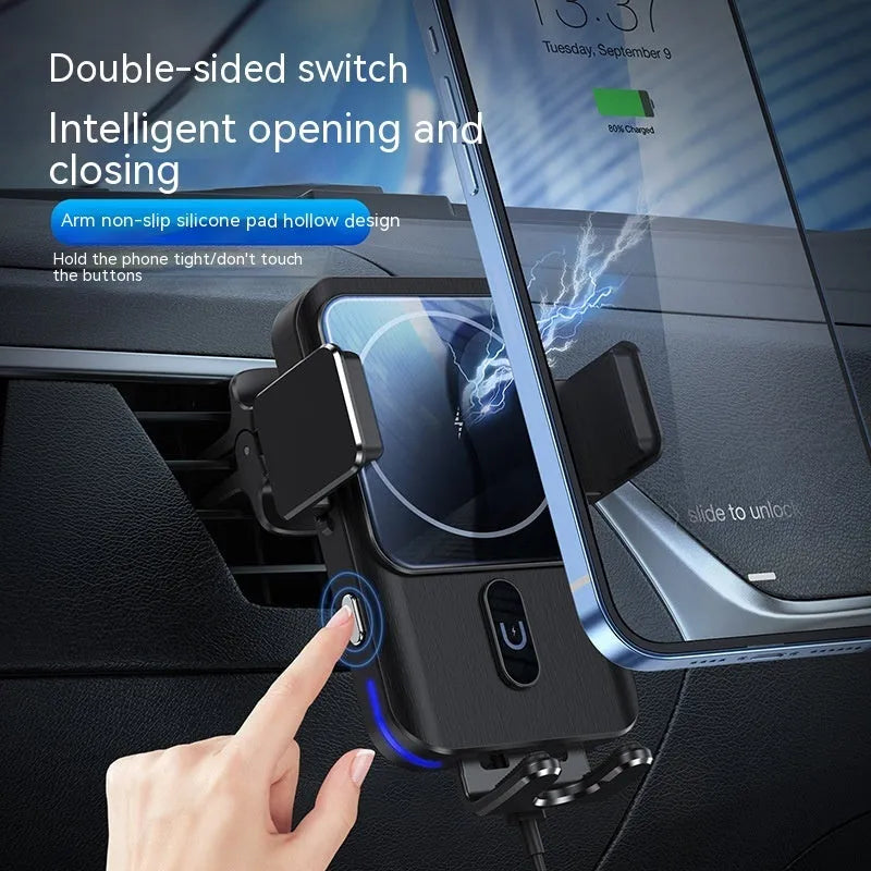 Black car wireless charger phone holder with 15W charging and vent clip or suction cup mount options