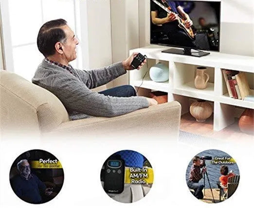 Digital display personal hearing amplifier in brilliant colour with handheld FM radio design