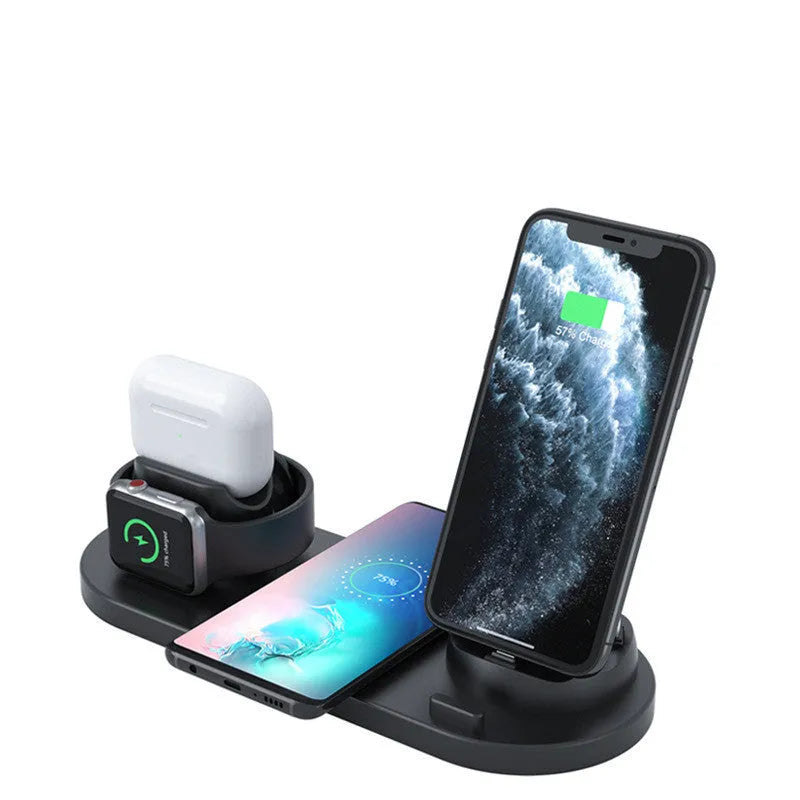 Black and white 6-in-1 wireless charging phone holder with AirPods and iWatch charging areas