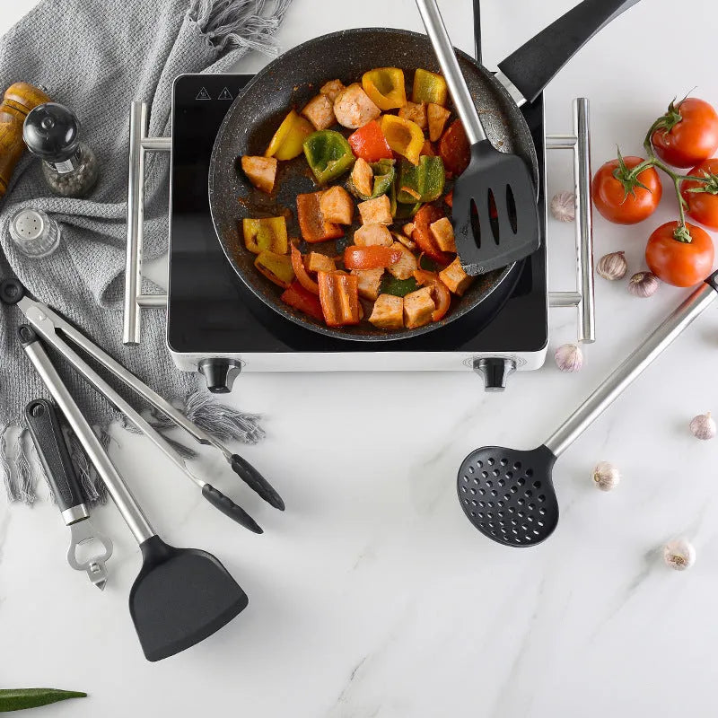 Black silicone kitchen utensil set with stainless steel handles comprising 16 pieces for cooking and baking