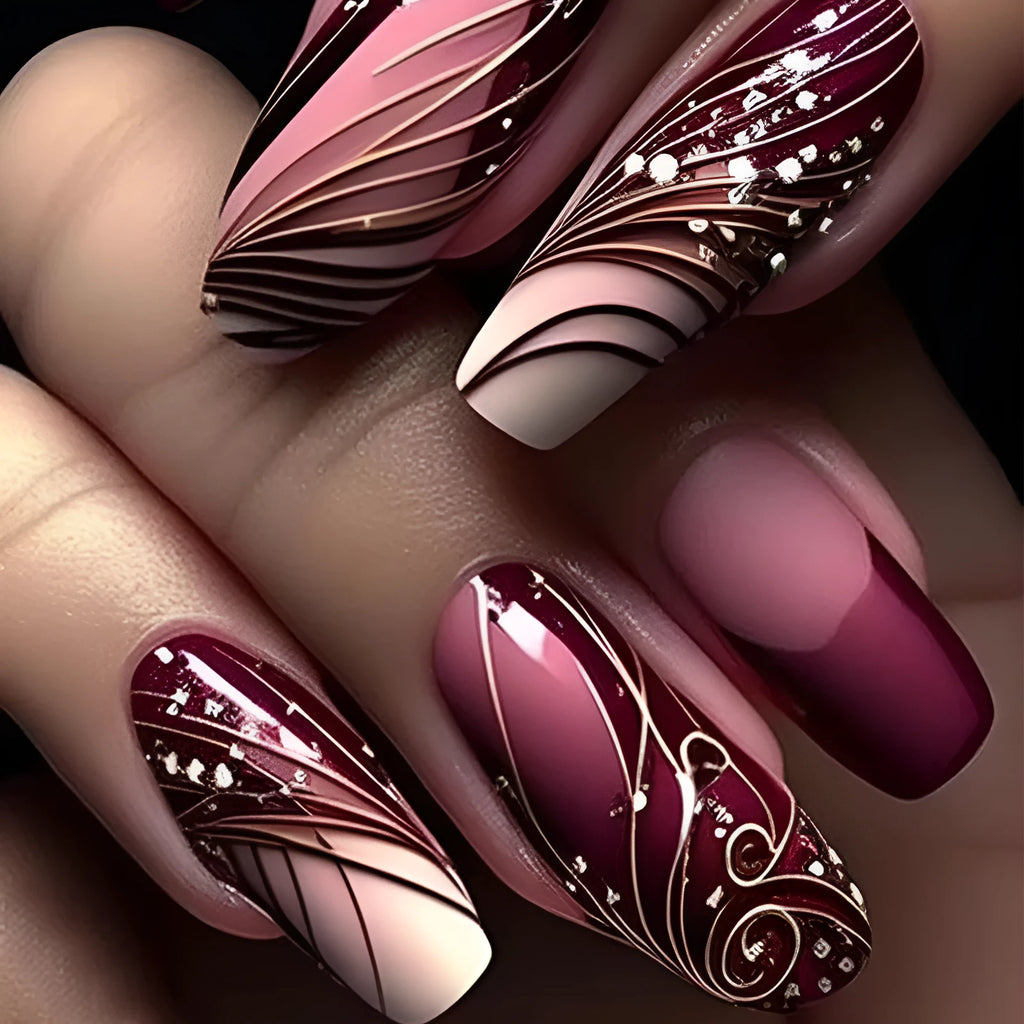 French line pattern false nails with W1620 colour on display, showing removable sticker patch design